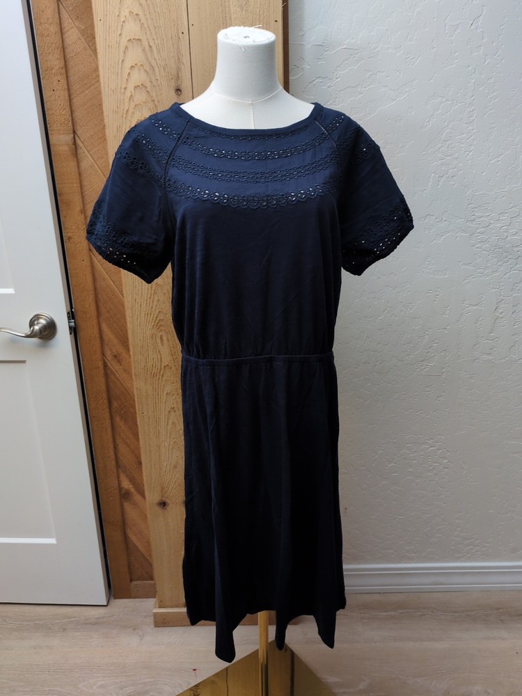 Talbots Womens Size Petite Large Navy Blue Eyelet Trim Short Sleeve Midi Dress