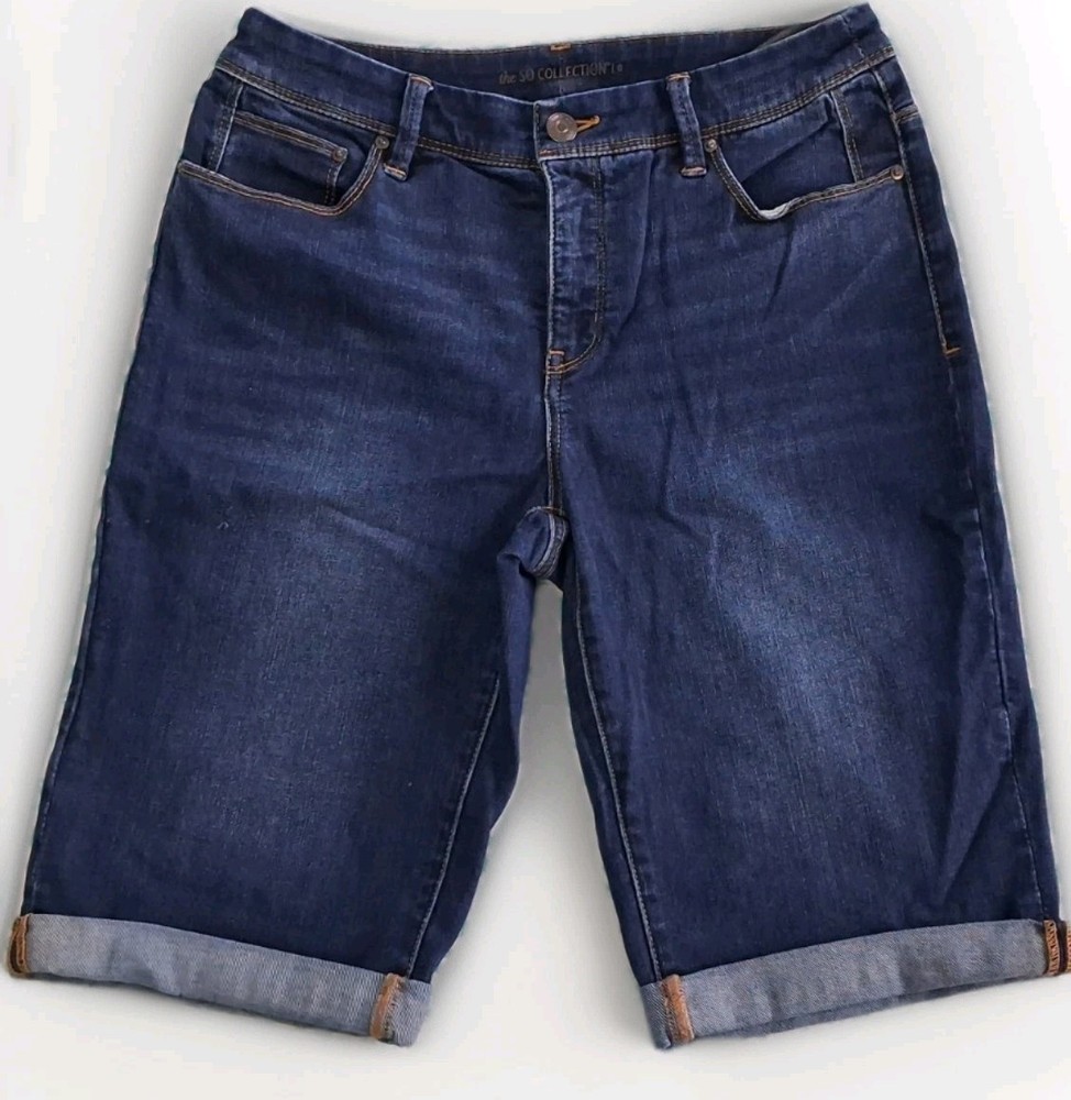 Chico’s Denim Bermuda Shorts Dark Wash Mid Rise Stretch Cuffed Hem Size 0