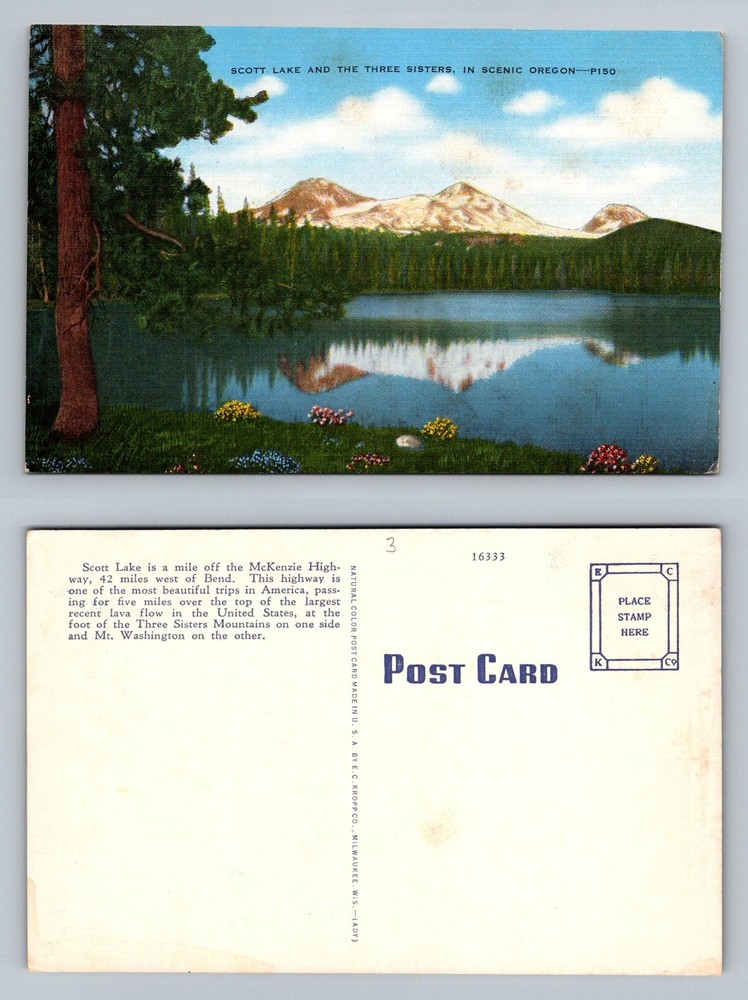 Scott Lake, OR-Oregon Three Sisters Mountains Scenic Reflection Vintage Postcard