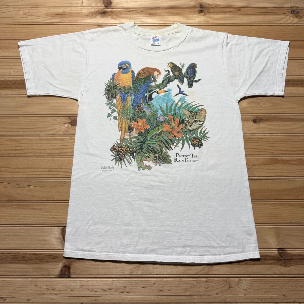 Vintage 90s Protect The Rain Forests Birds Wildlife Graphic T-Shirt USA - Large