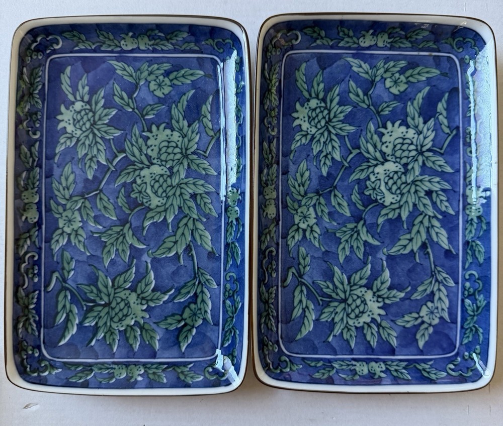 Vintage Japanese Imari Style Blue Floral Rectangular Dishes Set of 2
