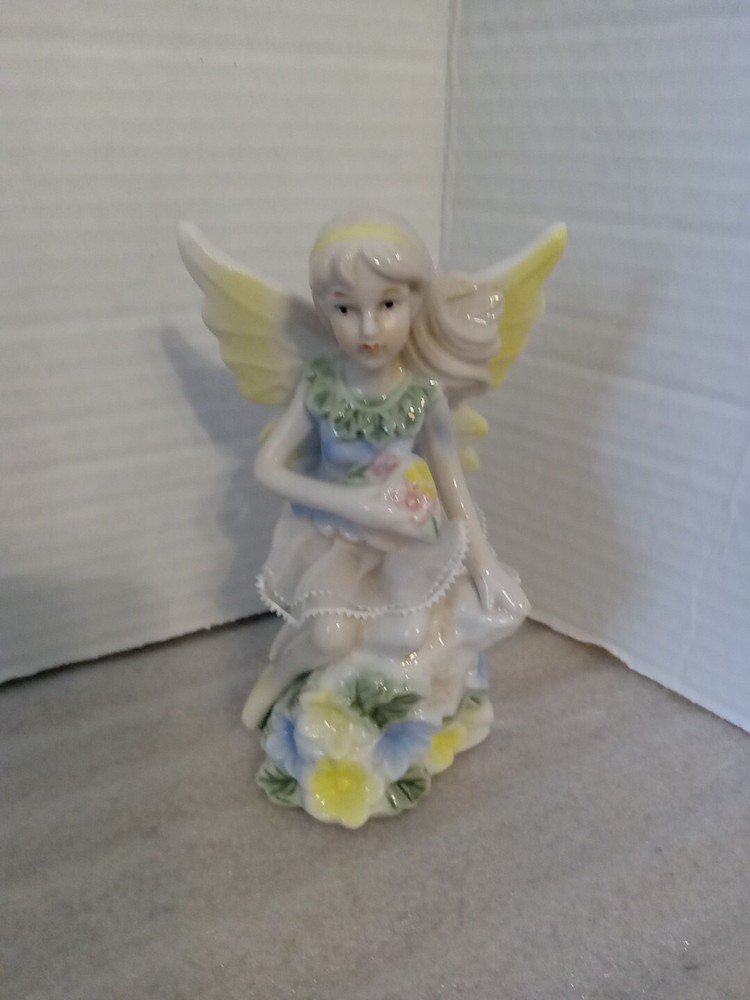 Vintage Porcelain Fairy Angle Figurine Holding Basket Of Flowers Approx. 6x3