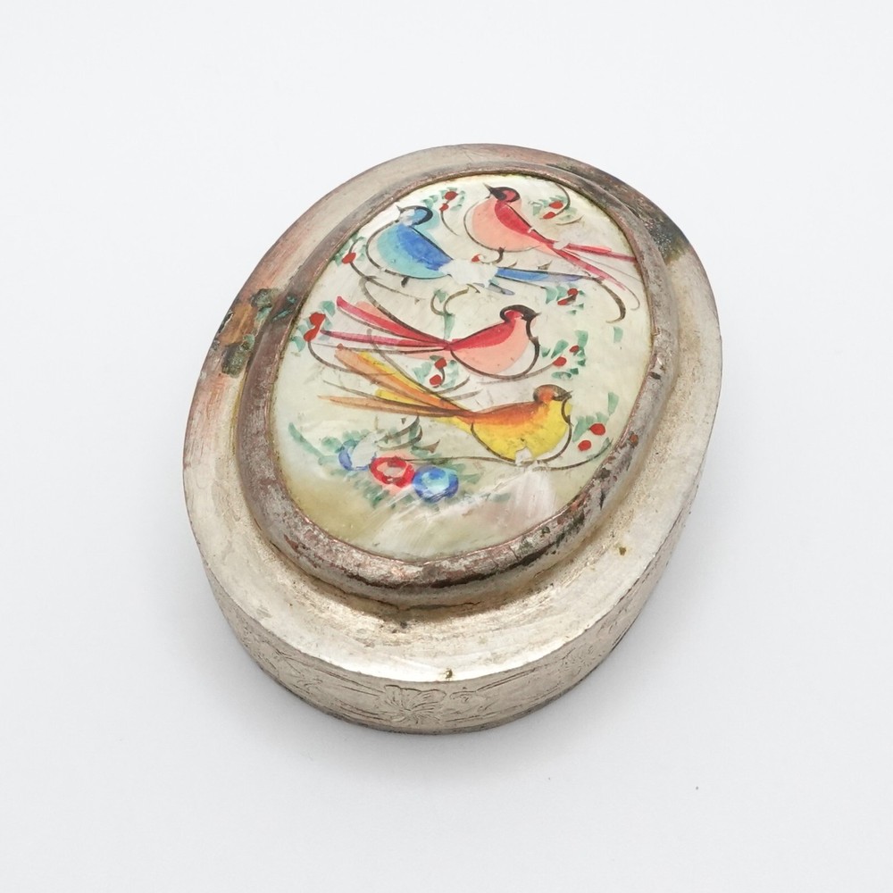 Persian Hand-Painted Mother of Pearl Oval Trinket Box with Birds & Flowers