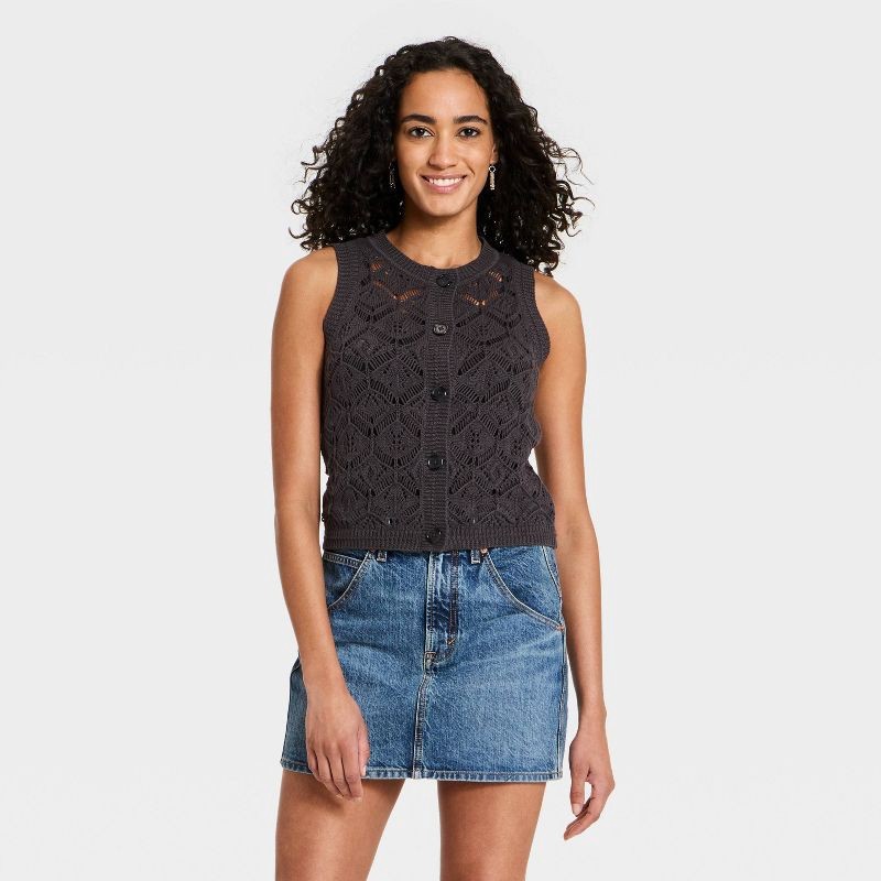 Women's Universal Thread Openwork Sweater Vest Charcoal Gray Size S