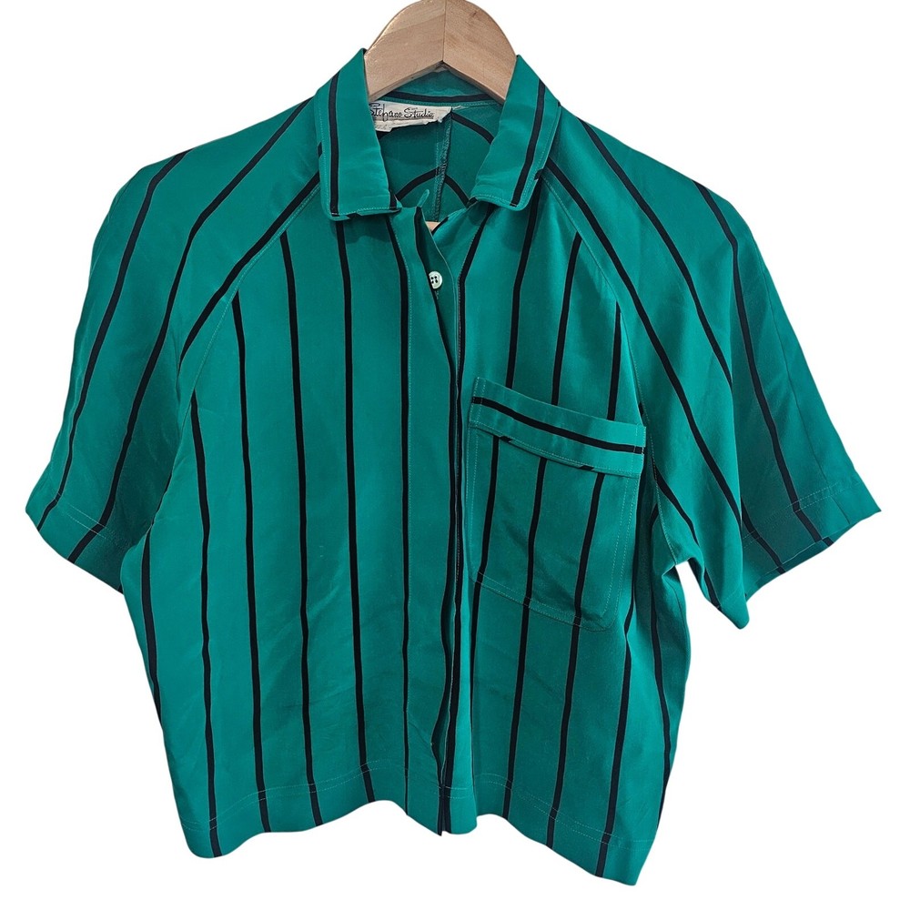 Vintage Silk Blouse Womens Small Green Stripped Cropped 80s Retro Glam Rock