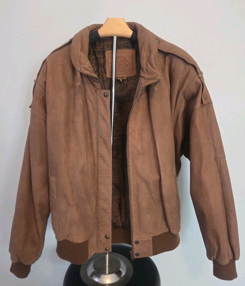 Mens Leather Bomber Jacket Brown Zip Snap Front Vintage Style L Large Coat