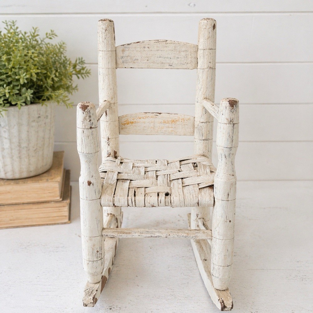 Vintage Mini Wooden Rocking Chair White Distressed Woven Seat Primitive 12”