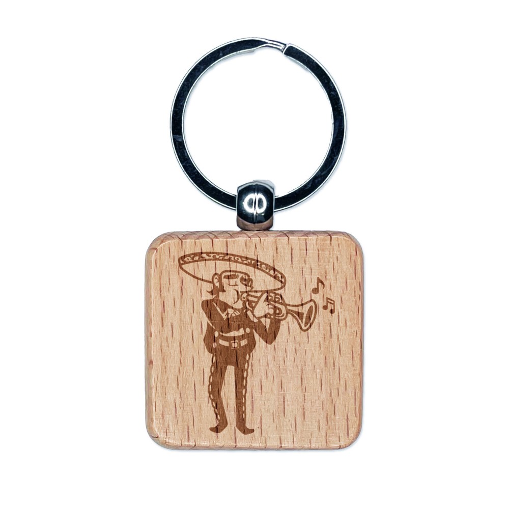 Banda de Mariachi Hombre con Trompeta Española Grabada Madera Cuadrada Llavero Etiqueta Dije