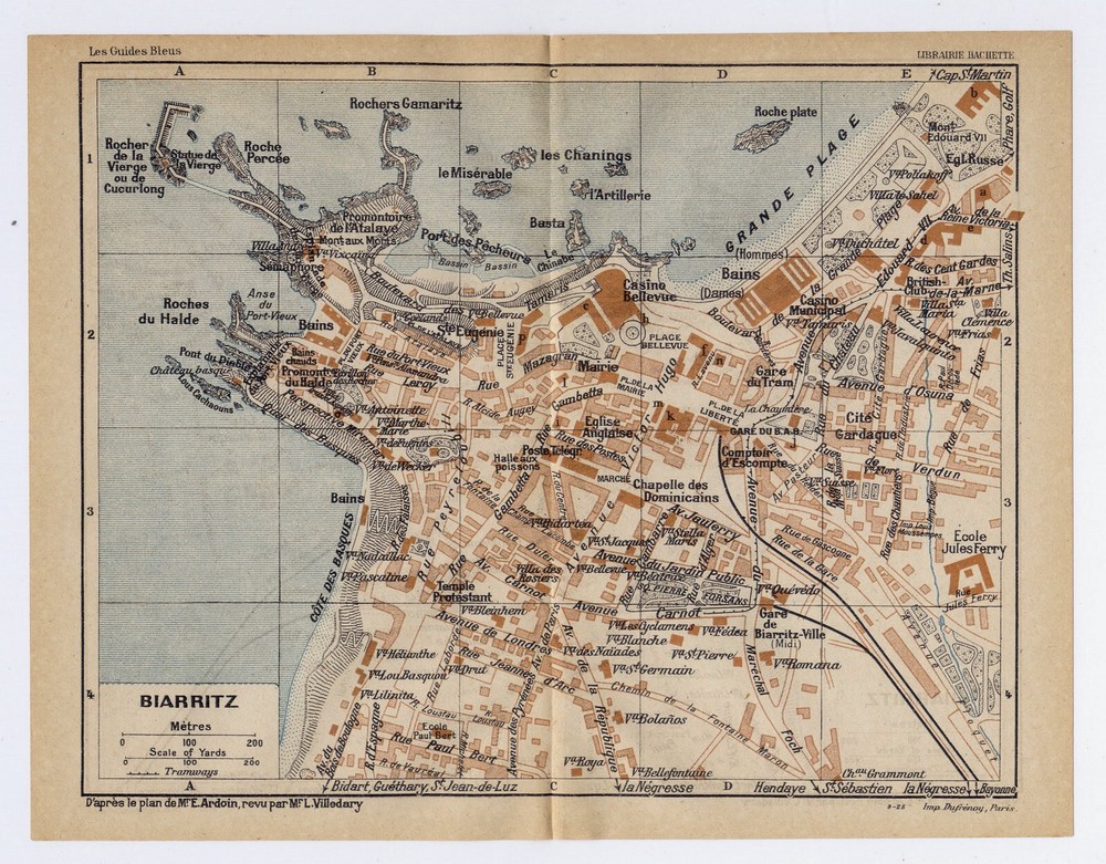 1926 Original Vintage City Map Of Biarritz / Basque Country / Gascony / France
