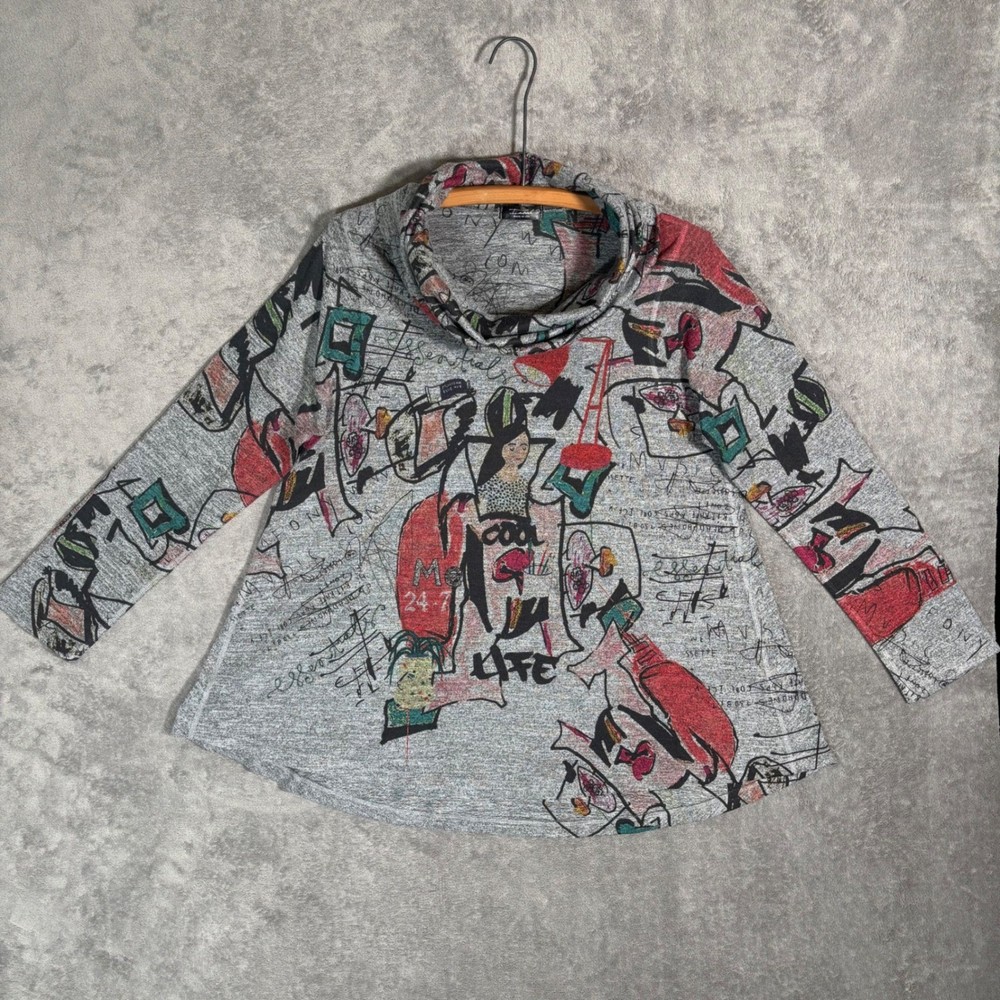 Inoah Womens Gray Abstract Graphic Art Cowl Neck Swing Top USA L Artsy Cool Life-image