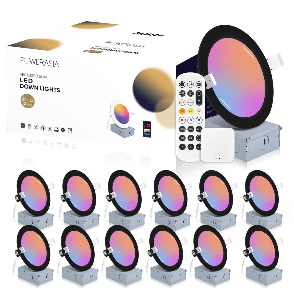 12 Pack 6-Inch Ultra-Thin Black LED Recessed Smart Lighting