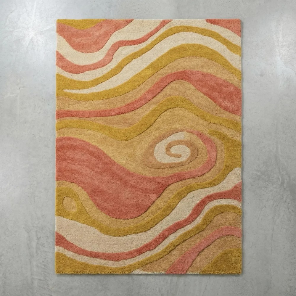 Hand-Tufted Wool Area Rug Coral and Yellow Abstract Design Carpet Rug