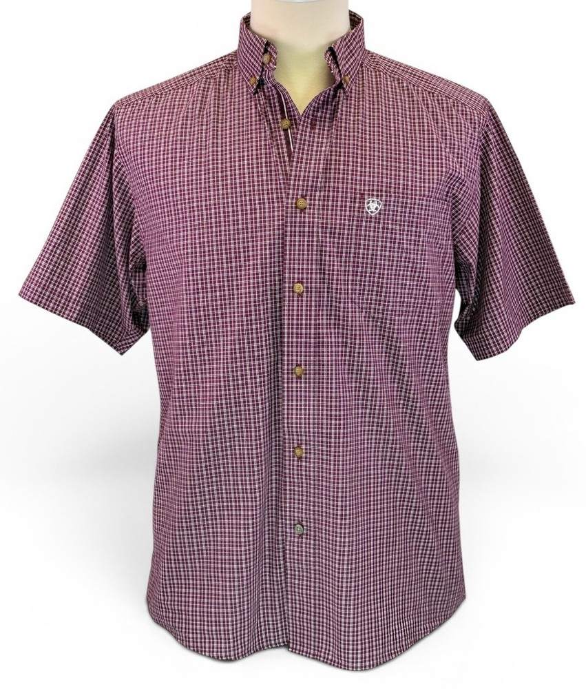 Ariat Pro Series Short Sleeve Button Down Maroon Plaid Size M