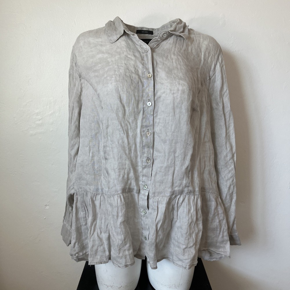 Tahari  Long Sleeve Button Down 100% Linen Tunic Shirt Womens L Beige
