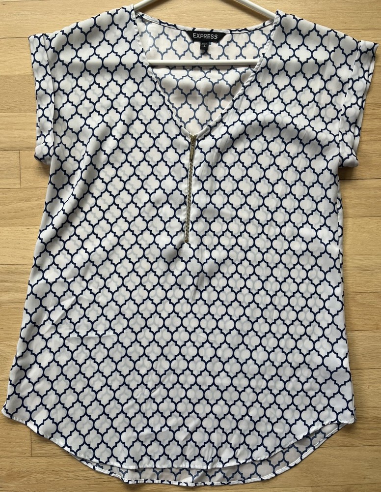 Express Women’s Blue White Geo Print Zip Front Blouse Top Size Small.