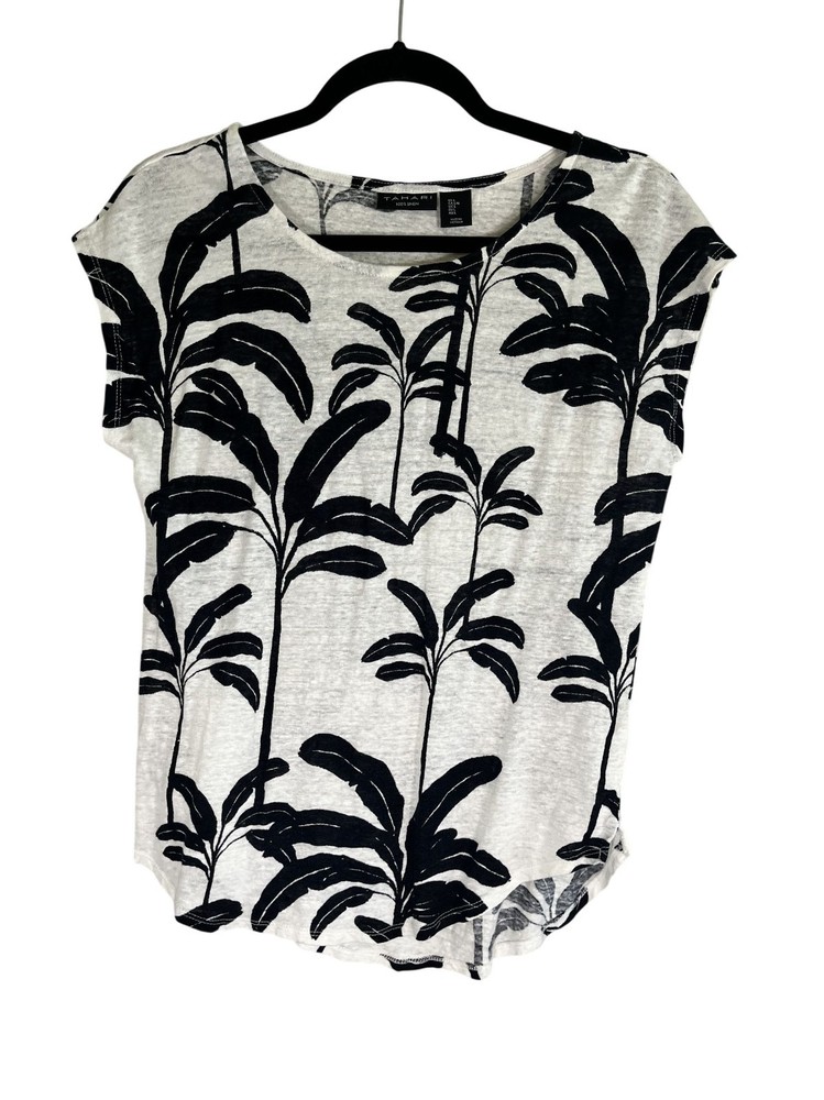 Neutral Floral Linen Top L Tropical Resort Classic Preppy Chic Euro Artsy Summer