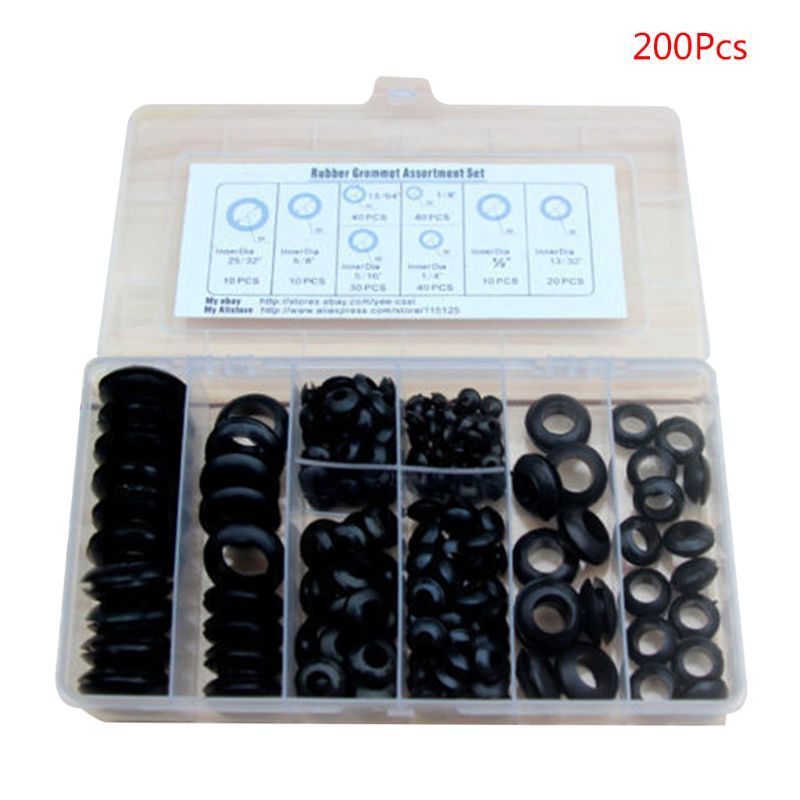 200-Piece Black Rubber Grommet Kit for Electrical Wiring and Coil Protection