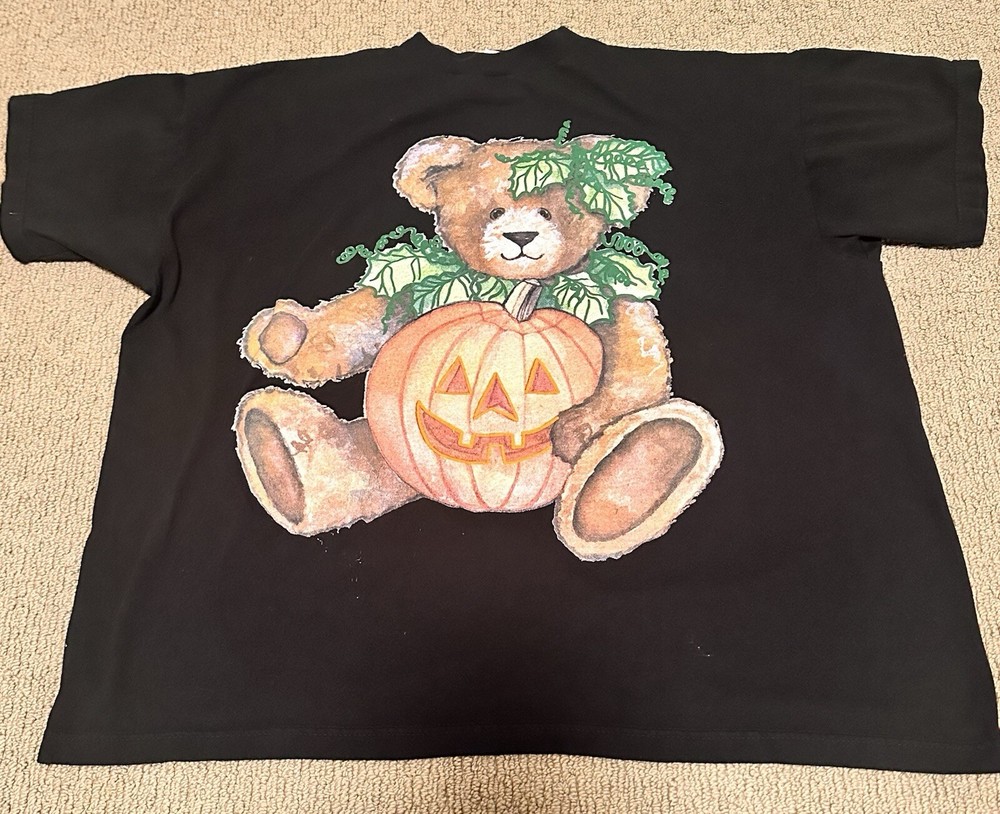Vintage 90s HALLOWEEN TEDDY BEAR T-Shirt XL Cartoon Pumpkin Jack o’ Lantern