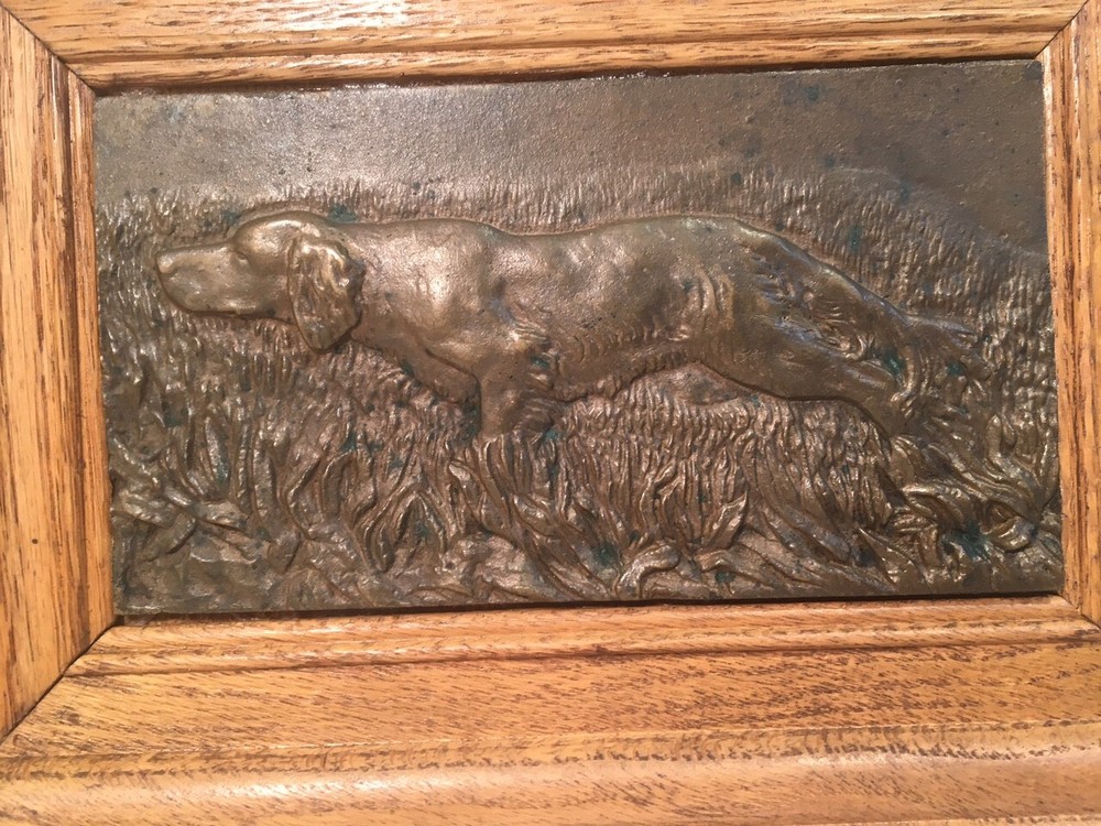 Antique Bronze Hunting Dog Relief Sculpture in Oak Wood Frame