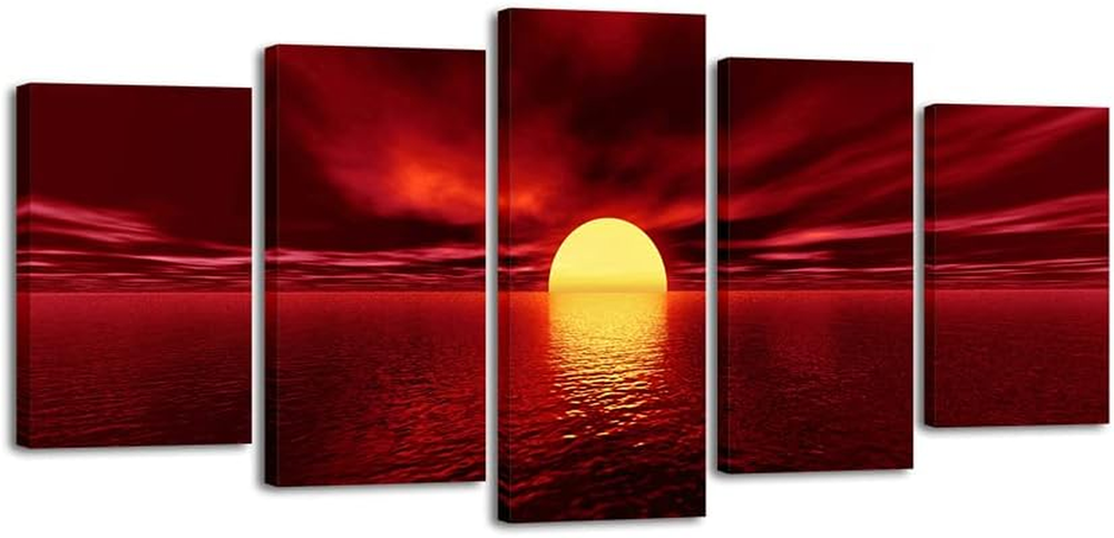 Red Sun Canvas Prints Wall Art Ocean Sea Beach Pictures Paintings Ready to Hang.