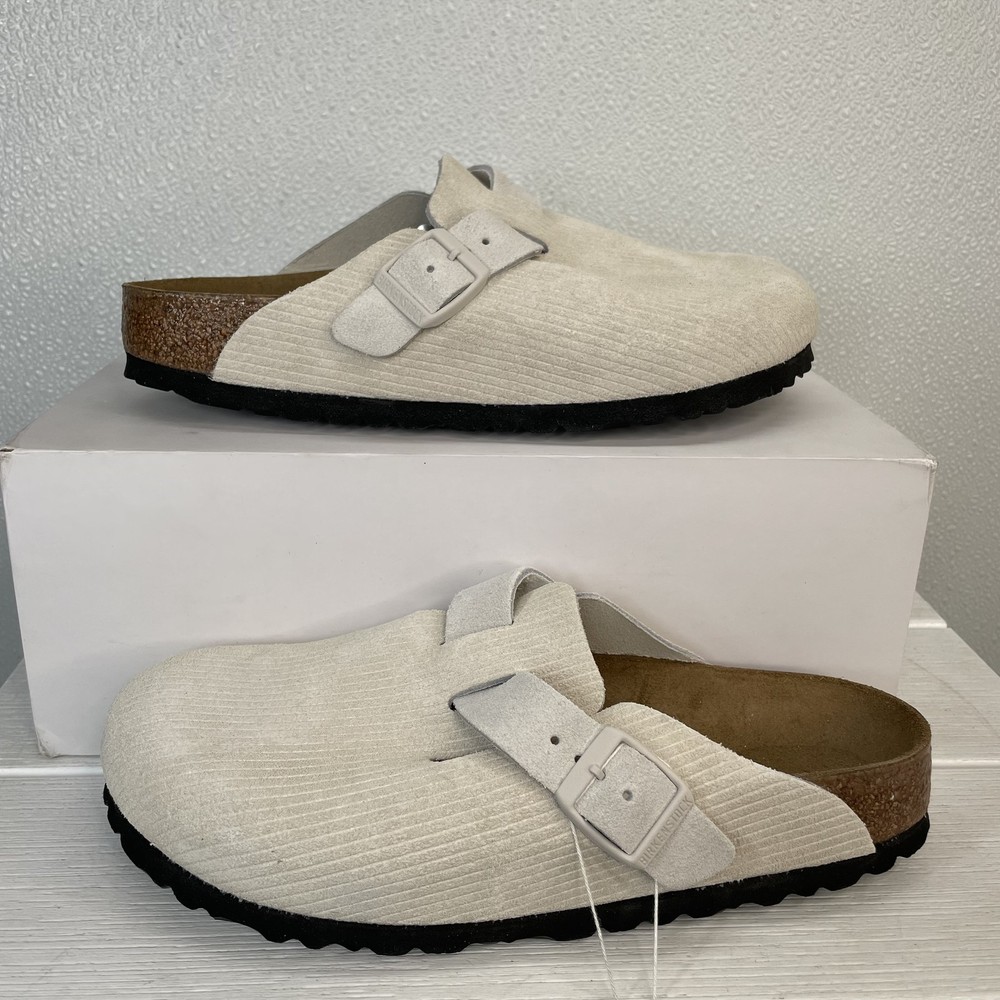 Birkenstock US M6 W7 EU38 Boston BS Corduroy Antique White Suede Embossed Clogs