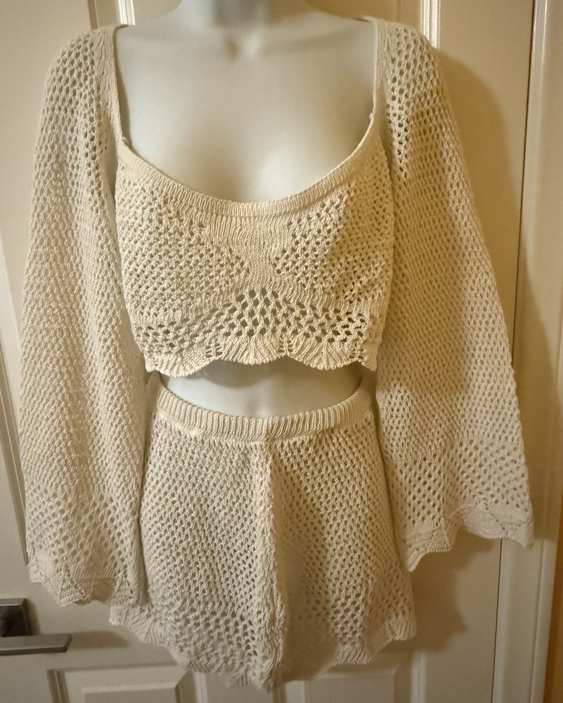 Cream Crochet Knit Two Piece Set Cropped Top & Skirt Boho Beach M/L