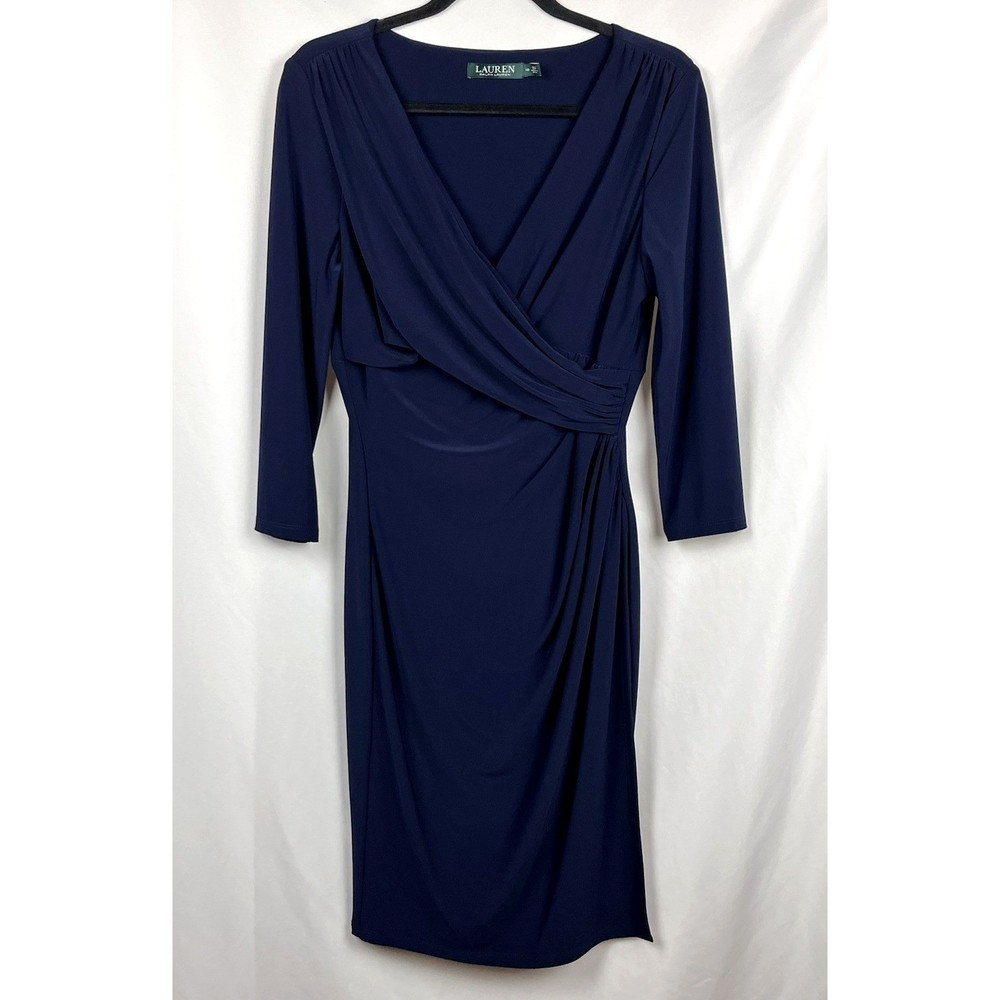 Lauren Ralph Lauren Dress 10 Navy Blue Faux Wrap Ruched Sheath Matte Jersey LRL