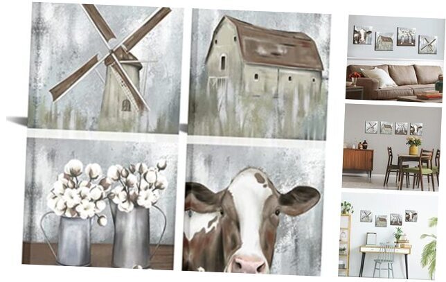 4 Piece Farmhouse Canvas Wall Art Rustic Cow Dutch Windmill Cotton Flower