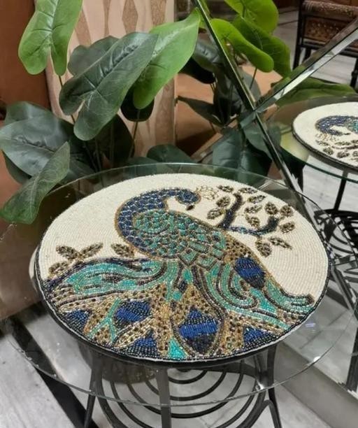 Peacock Spring Beaded Placemat 14 Inch Round Handmade Glass Beads Set of 2