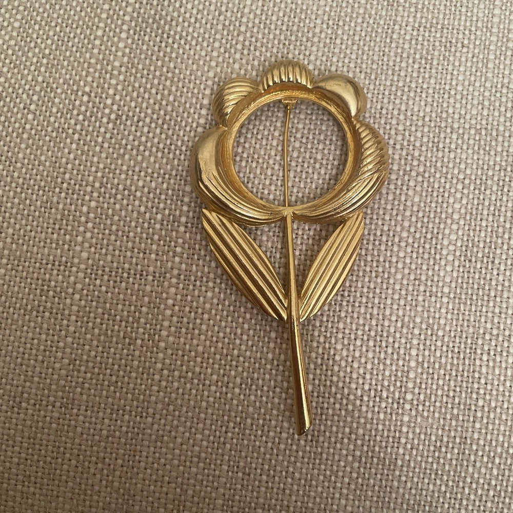 Vintage Abstract Gold Tone Flower Daisy Stem Huge Big Large Pin Brooch Retro
