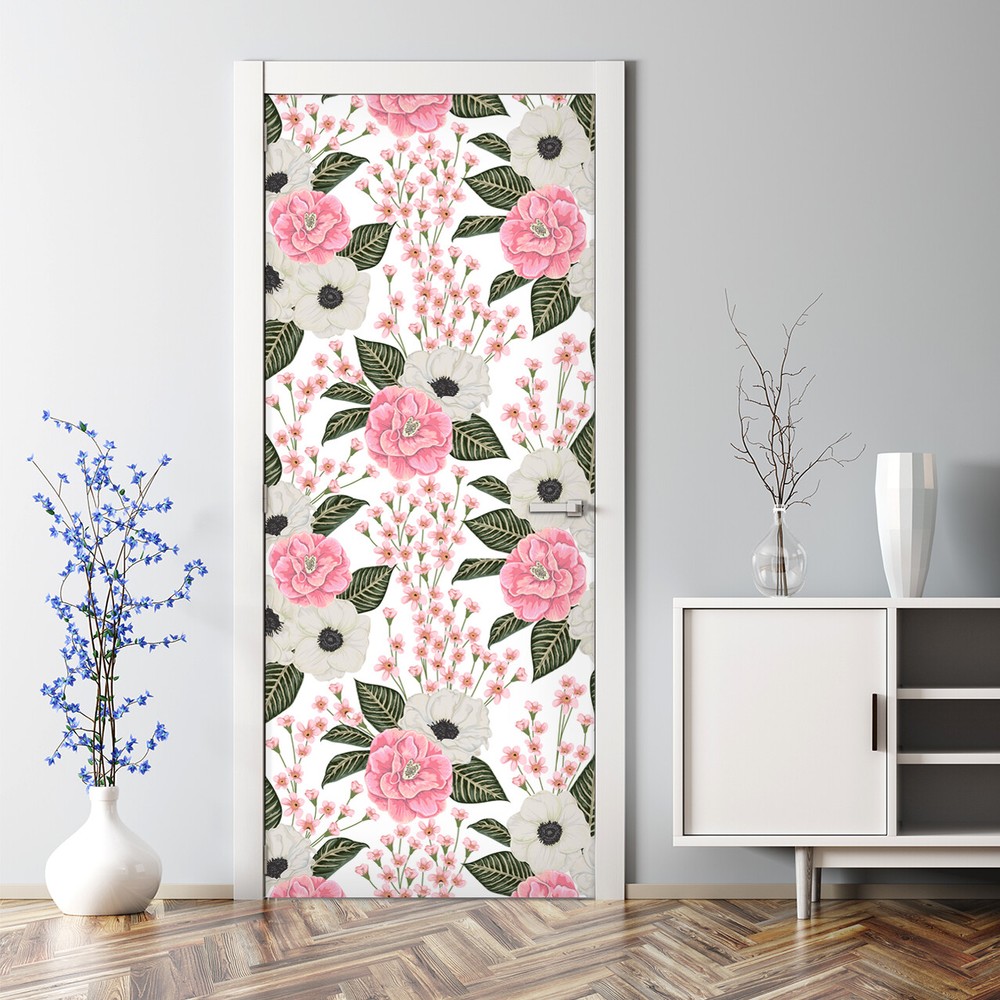 Floral Camellias Bubble Free Door sticker Floral pink mural Self Adhesive Decor