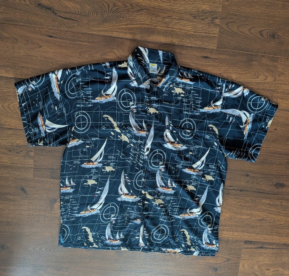 RIMA Blue Hawaiian Casual Shirt Yachts All Over Printed Men's 2XL - runs large
