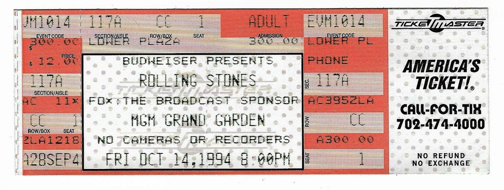 The Rolling Stones Buddy Guy 10/14/94 Las Vegas MGM Grand Rare Full Ticket!