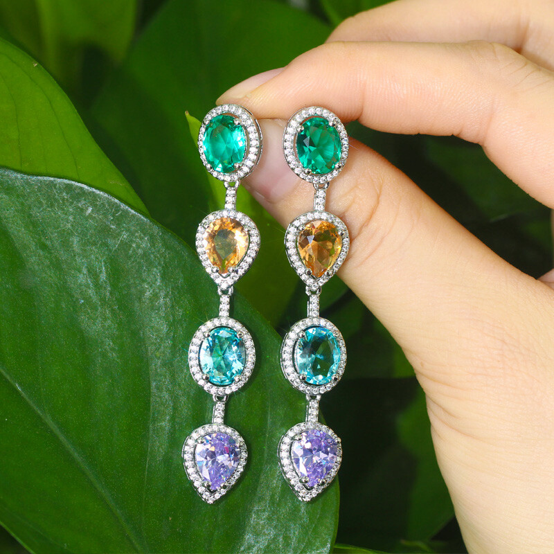 Trendy Silver Plated Cubic Zircon Long Drop Earrings Women Wedding Party Jewelry
