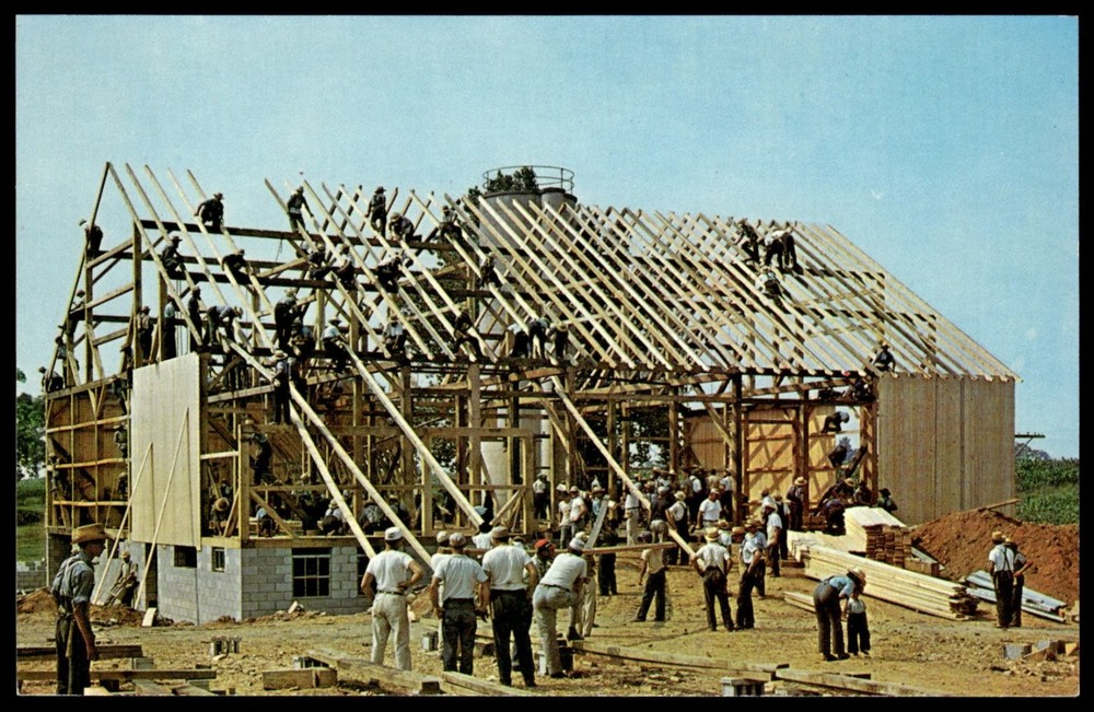 Vintage Amish Barn Raising Postcard Pennsylvania Lancaster County Jim E. Hess