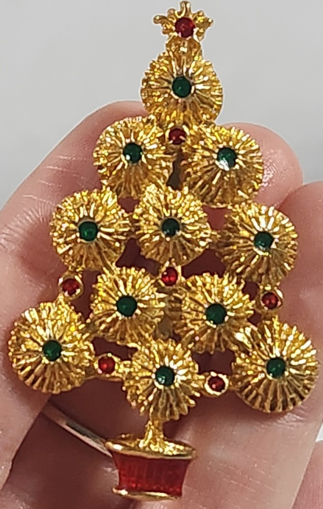 Vintage Gold Tone Christmas Tree Brooch Pin Red/Green