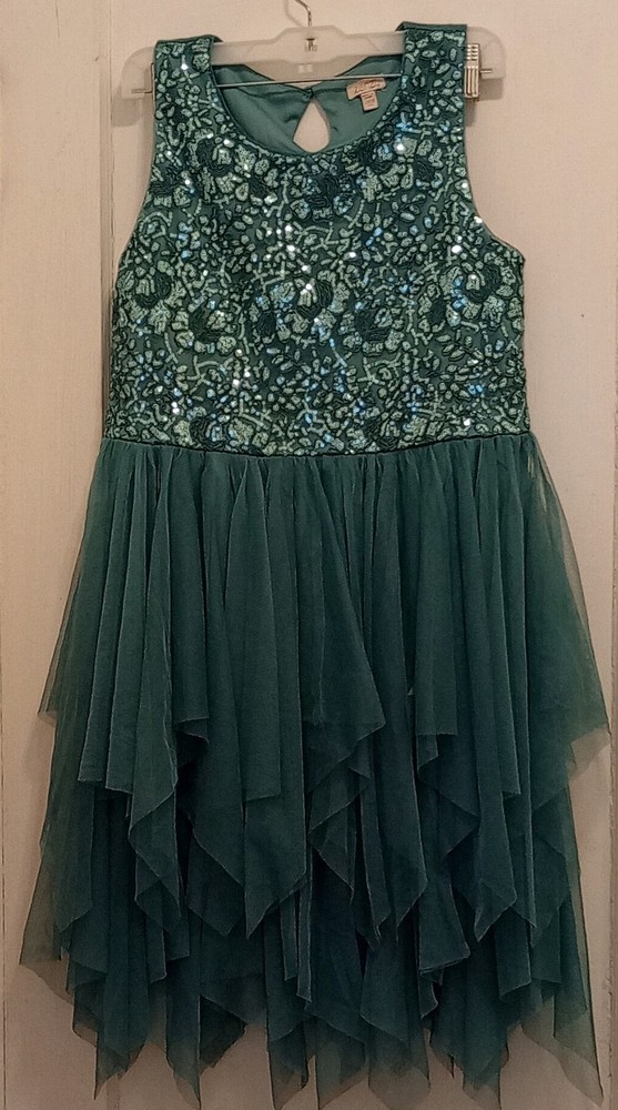 Zenzi Girls XL Green Sequin Floral Fit & Flare Sleeveless Tulle Party Dress