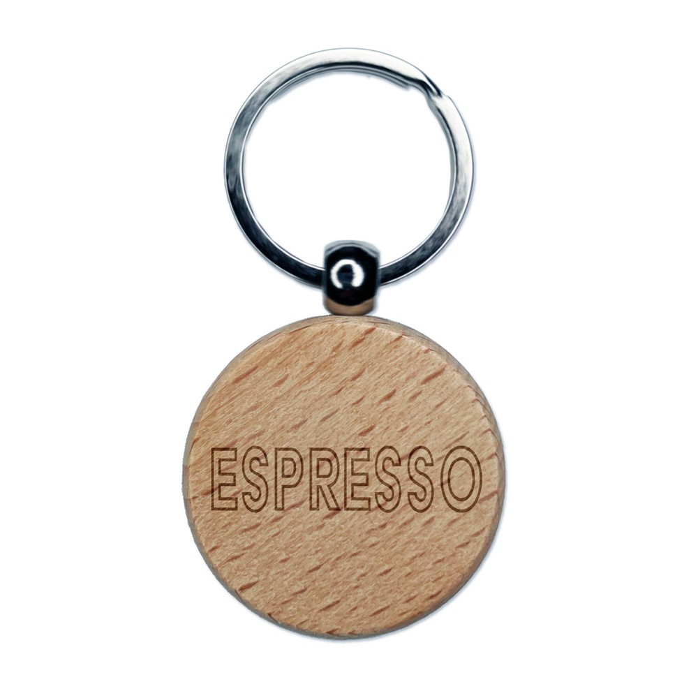 Engraved Espresso Coffee Wooden Keychain Tag Charm
