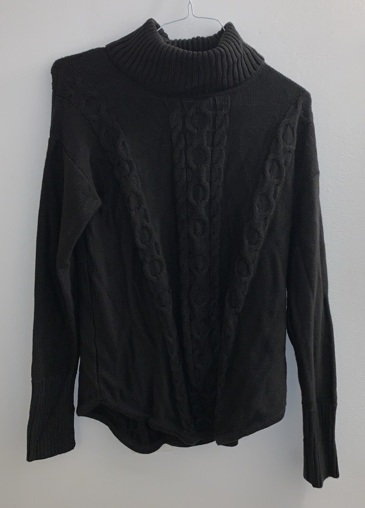 LL Bean Size M Black Double L Mixed Cable Knit Cotton Turtleneck Sweater Chunky