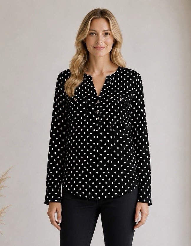 Torrid Womens Black Polka Dot Long Sleeve Top Size 1X Button Front Summer Chic