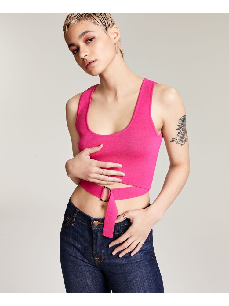 BAR III Womens Pink Fitted Attached Belt Sleeveless Scoop Neck Crop Top XL