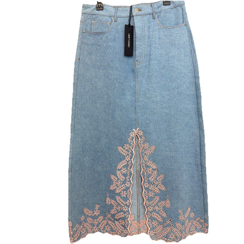 NWT Driftwood Maxi Denim Skirt Siz 30 Actual 32 Embroidery Pink BOHO Festival