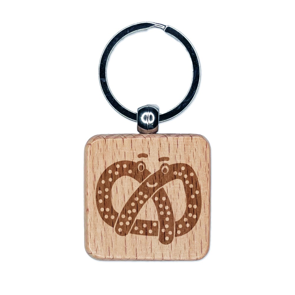 Kawaii Pretzel Cute Engraved Wood Square Keychain Tag Charm