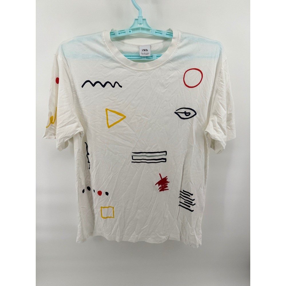 ZARA White Graphic Print T Shirt Size Large Geometric Abstract Short Sleeve Top-image