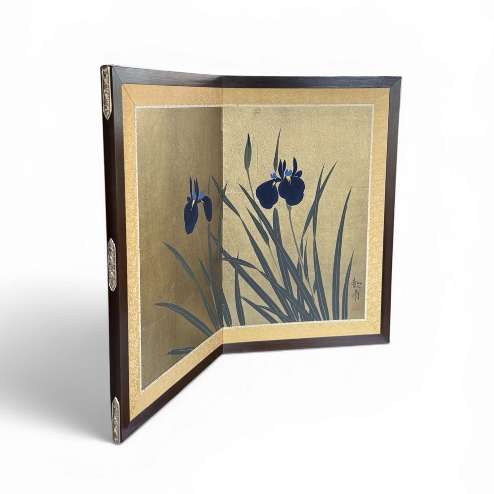 Vintage Japanese Byobu 2 Paneled Iris Folding Screen