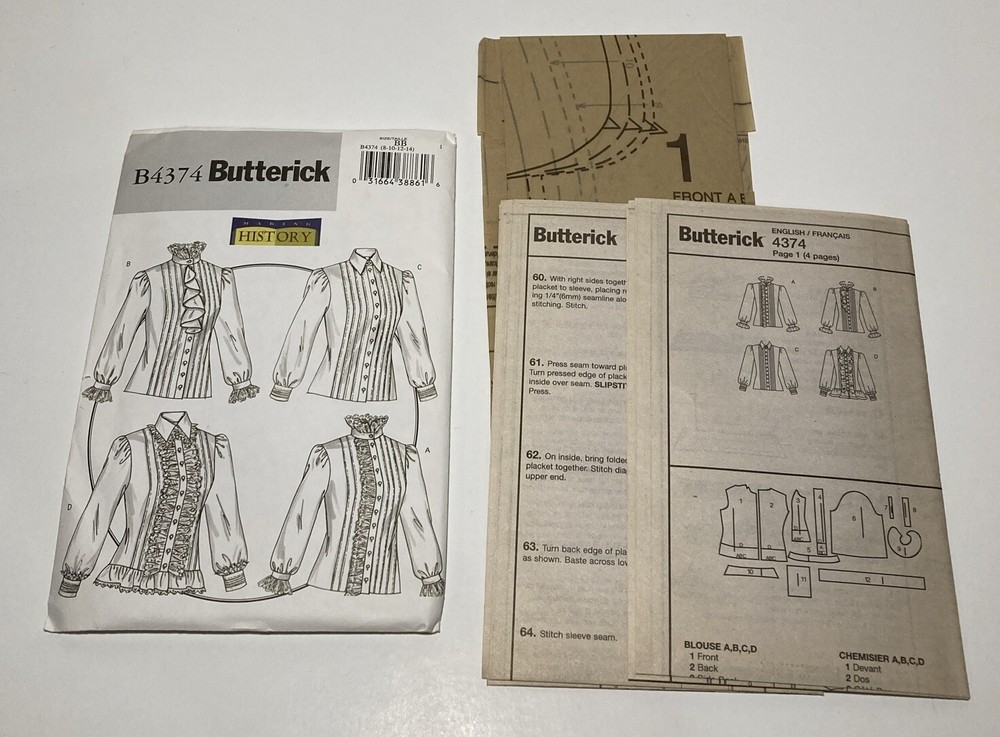 Butterick 8-10-12-14 Historic Sewing Pattern B4374 Romanitc Blouse Bust BB
