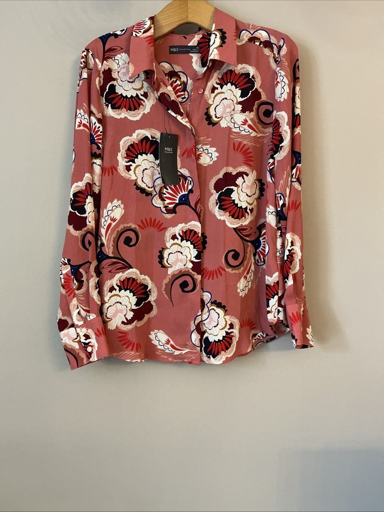 New M&S Pink Print Shirt Top - Size 12