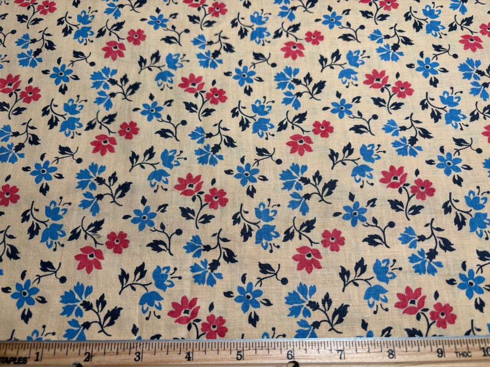 Antique Vintage Cotton Fabric 1930s Blue Red Floral 35w 1/2yd