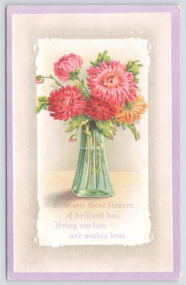 Greetings~Red Flowers & Greeting Poem~Vintage Postcard