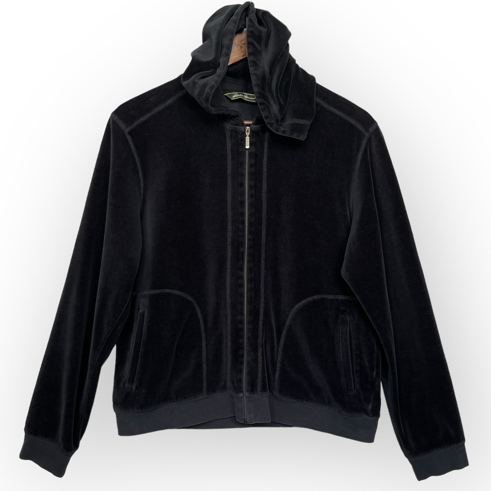 Eddie Bauer Hooded Full Zip Jacket Women Size M Black Pockets Cotton Long Sleeve